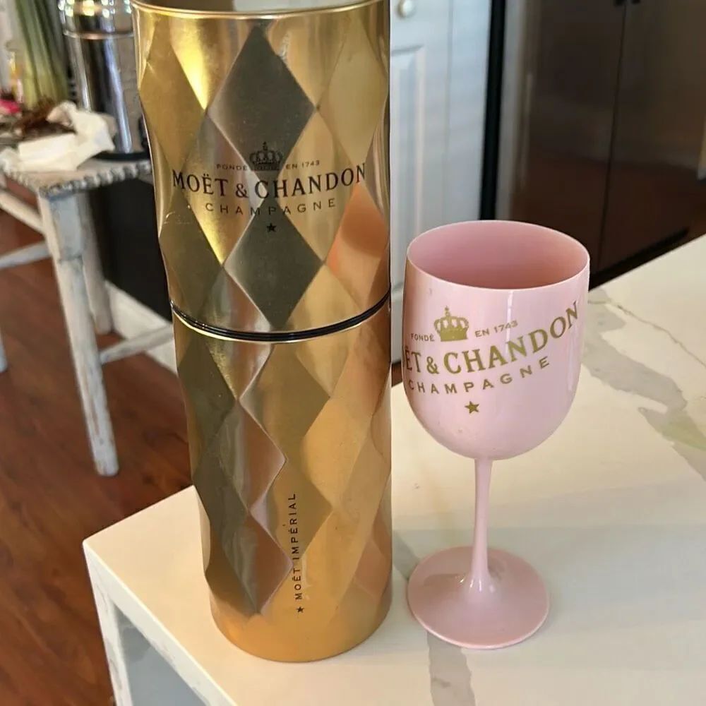 Moët & Chandon gold large tin and pink plastic glass
